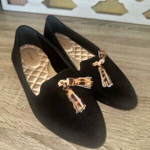 Birdies The Blackbird loafers in black cheetah-print tassels Size 6.5 Never Worn